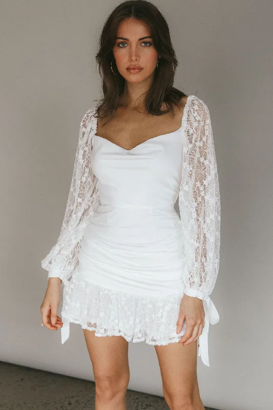 With Love Long Sleeve Lace Mini Dress White