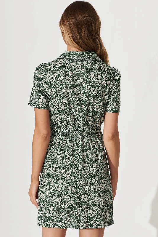 Zuri Shirt Dress In Green With Ivory Floral Cotton