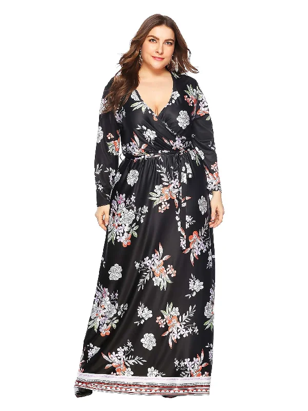 KittenAlarm - Plus Allover Floral Print Self Tie Maxi Dress