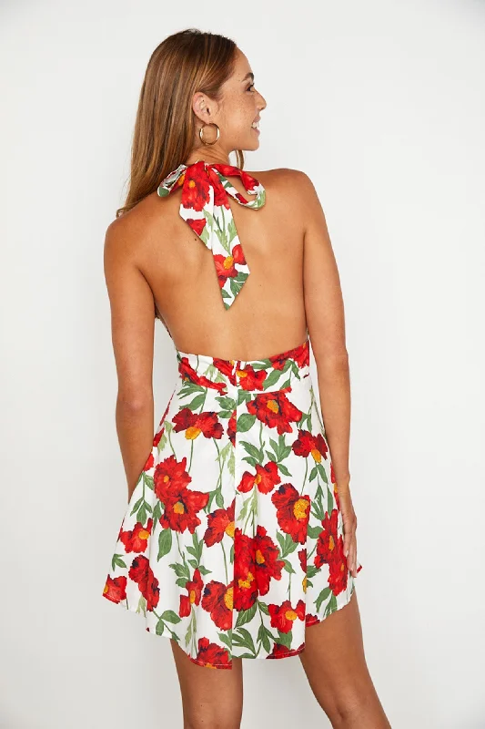 Ariana Halterneck Mini Dress Floral White/Red