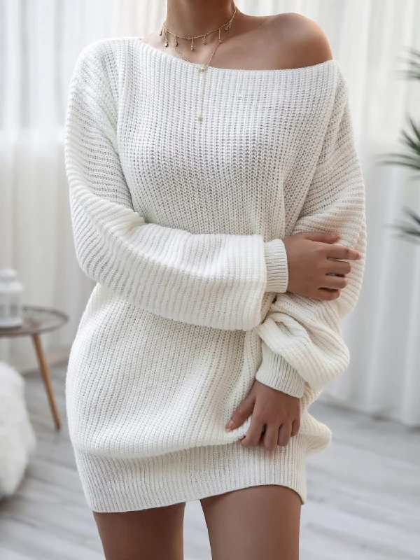 Trendy Balloon Sweater Mini Dress with Off Shoulder Sleeve & Boat Neck