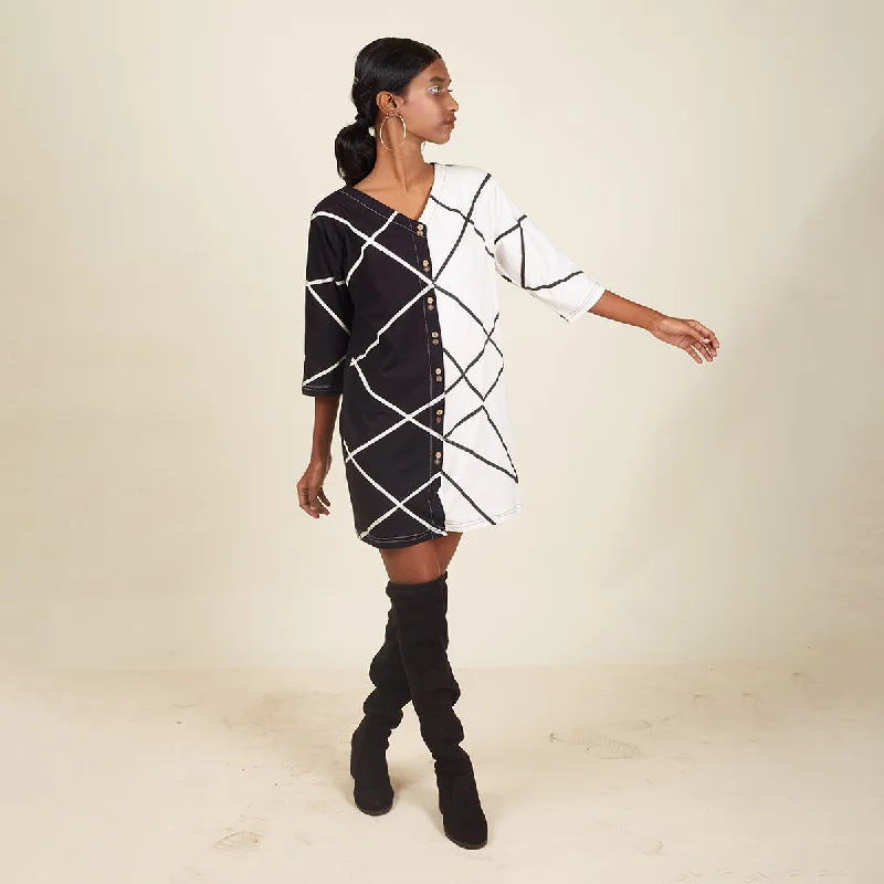 Cotton Monochrome Dress for Women | Hand block Printed Lines | Black & White