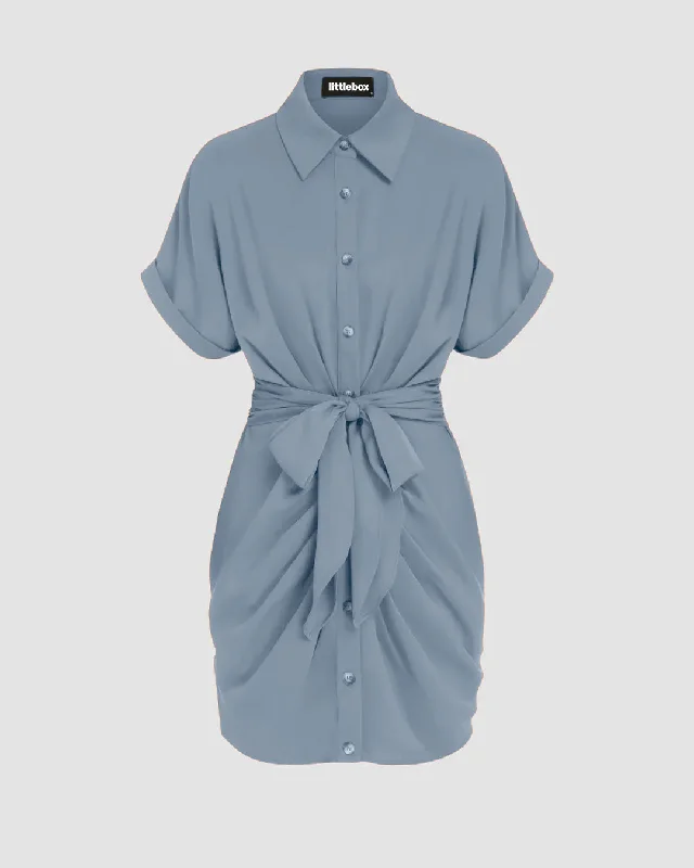 Batwing Sleeve Knot Front Ruched Blue Shirt Dress