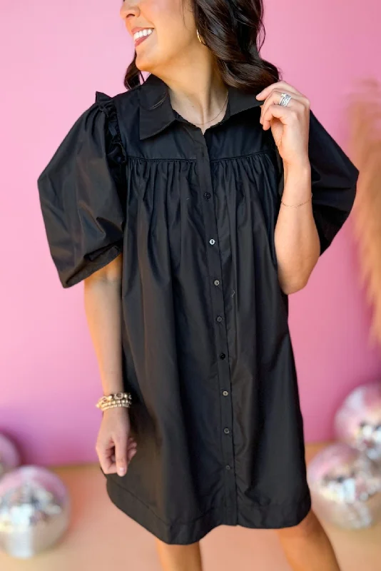 Black Poplin Collared Button Down Frill Puff Sleeve Dress