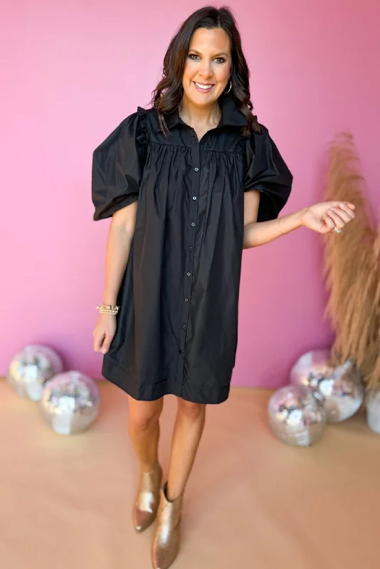 Black Poplin Collared Button Down Frill Puff Sleeve Dress