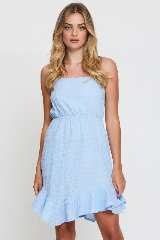 Blue Mini Dress Sleeveless Square Neck