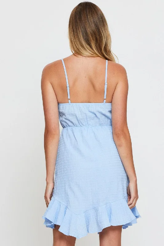 Blue Mini Dress Sleeveless Square Neck