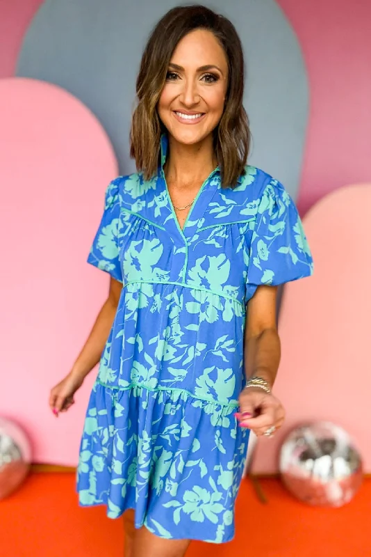 Blue Two Tone Floral Printed Collared Tiered Short Bubble Sleeve Dress