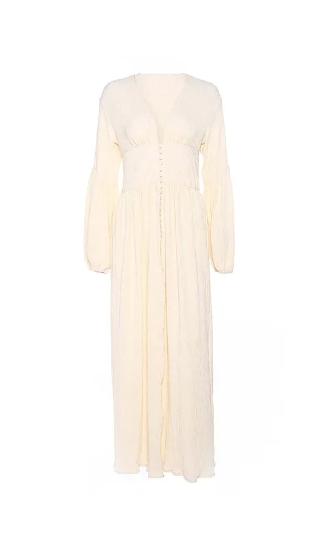 BUTTON-FRONT PUFFED SLEEVES MAXI DRESS IN BEIGE