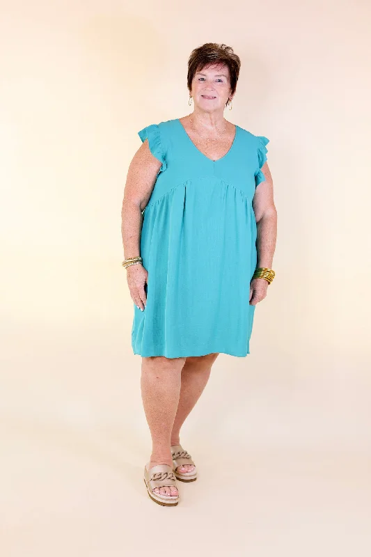 Capture Your Attention V Neck Dress with Ruffle Cap Sleeves in Turquoise