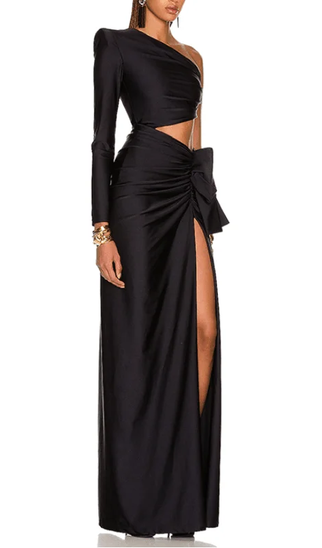 COPPER SPANDEX STITCHING SPLIT MAXI DRESS IN BLACK