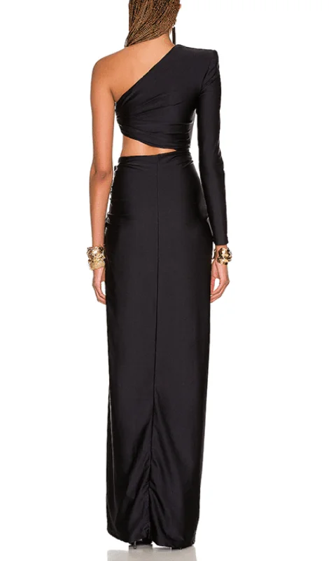 COPPER SPANDEX STITCHING SPLIT MAXI DRESS IN BLACK