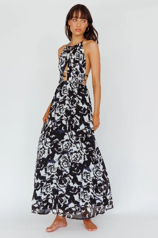 Cyndi Open Back Halterneck Maxi Dress Floral Black