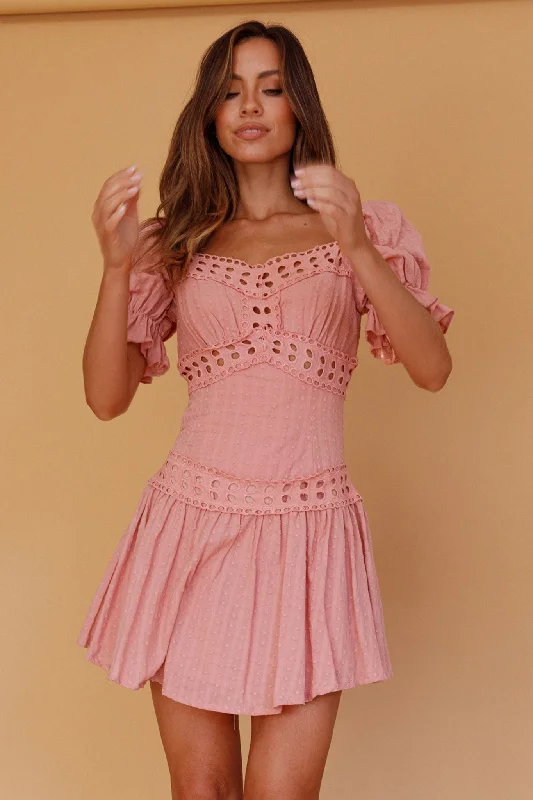 Elowen Lace Trim Puff Sleeve Mini Dress Blush