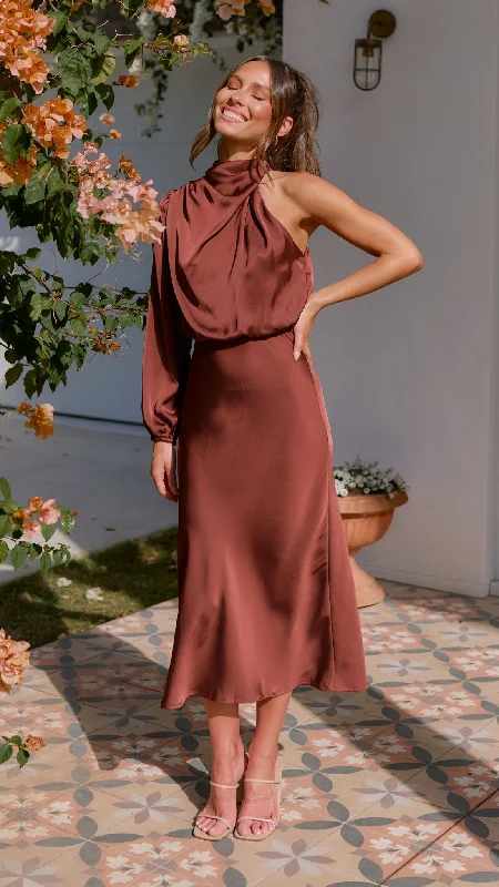 Esther One Shoulder Long Sleeve Dress - Brown