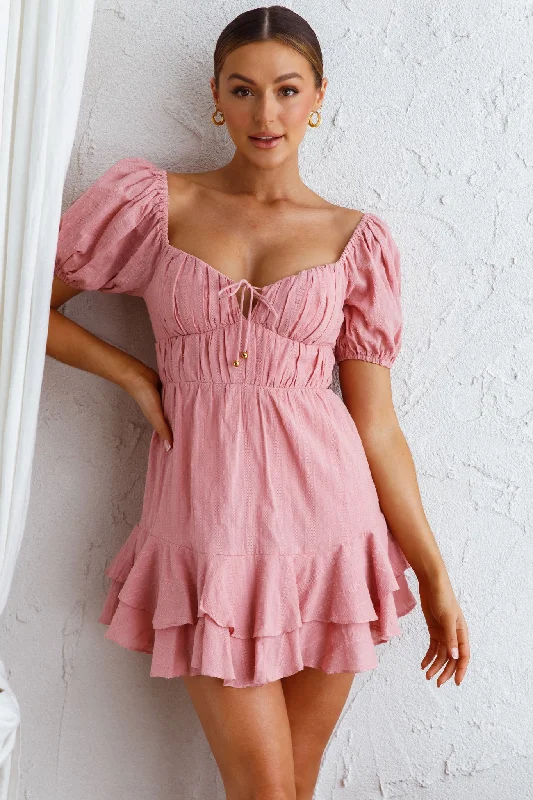 First Light Puff Sleeve Ruffle Dress Rose