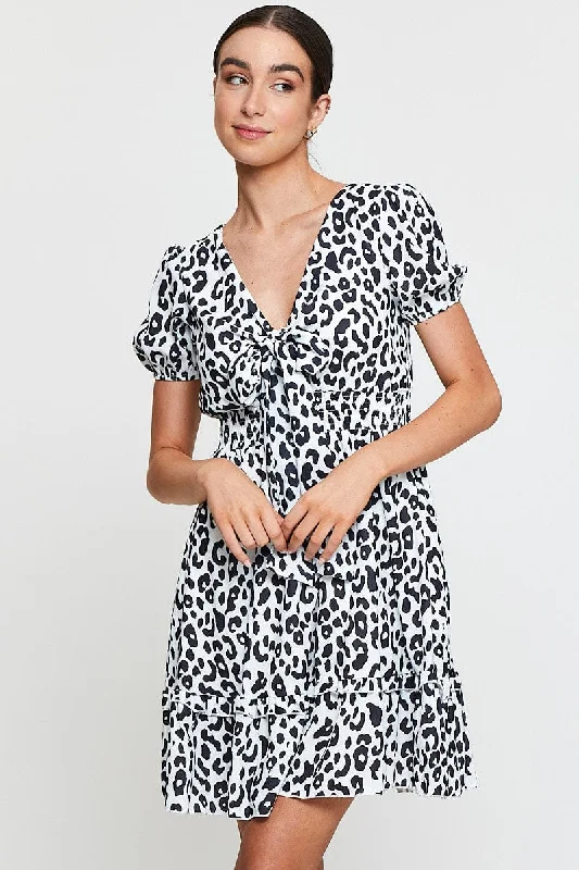 Geo Print Mini Dress Short Sleeve V Neck Tie