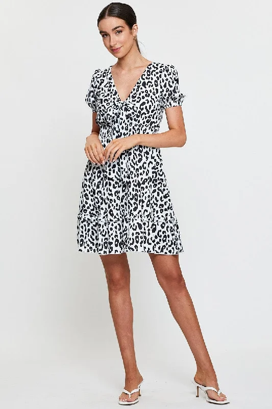 Geo Print Mini Dress Short Sleeve V Neck Tie