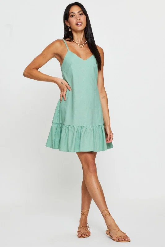 Green A Line Dress Mini V Neck