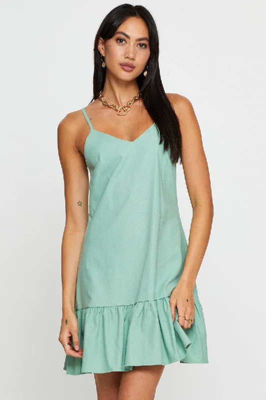 Green A Line Dress Mini V Neck