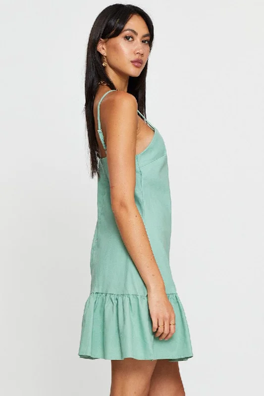 Green A Line Dress Mini V Neck