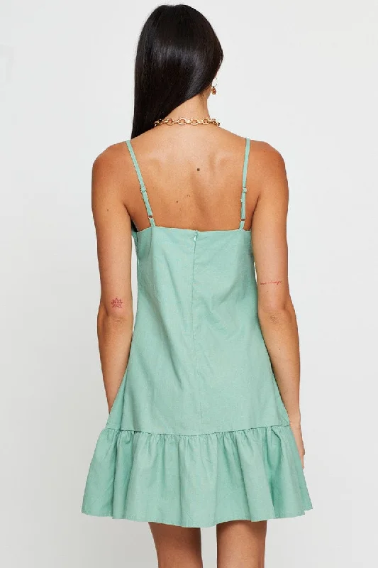 Green A Line Dress Mini V Neck