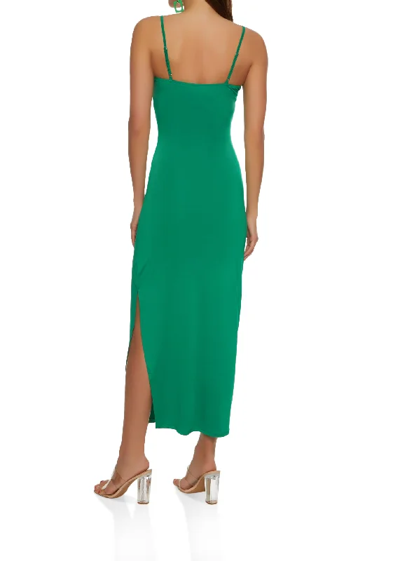 Solid V Neck Side Slit Maxi Dress