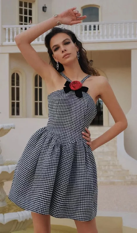 HALTER HOUNDSTOOTH BOW MINI A-LINE DRESS