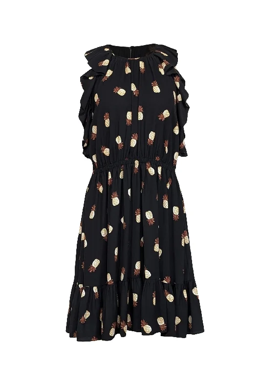 Kate Spade - Black & Tan Pineapple Print Tiered Dress w/ Ruffles Sz M