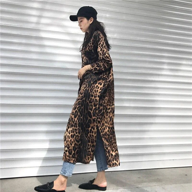 FashionSierra - Leopard print shirt dress women long sleeve causal loose split dress Fashion summer streetwear Button up korean dresses vestidso