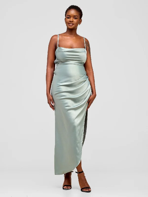 Lola Backless Strappy Satin Dress  With High Side Slit - Aqua