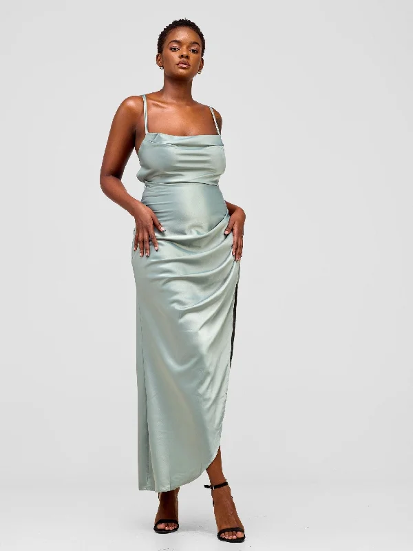 Lola Backless Strappy Satin Dress  With High Side Slit - Aqua