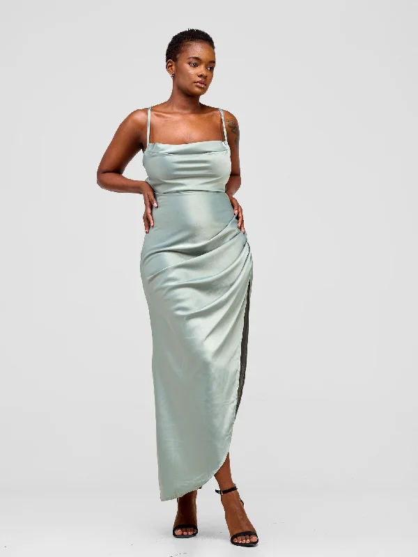 Lola Backless Strappy Satin Dress  With High Side Slit - Aqua