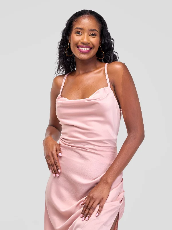 Lola Backless Strappy Satin Dress  With High Side Slit - Baby Pink