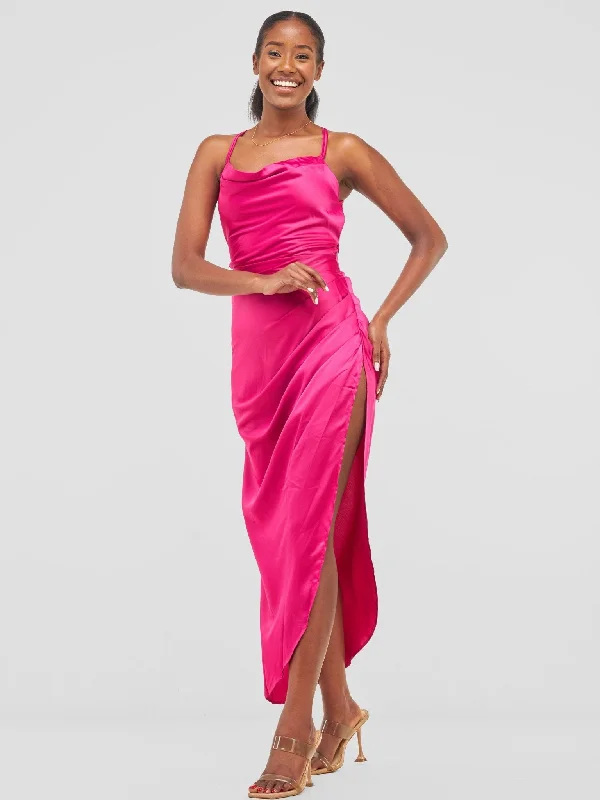 Lola Backless Strappy Satin Dress  With High Side Slit - Hot Pink