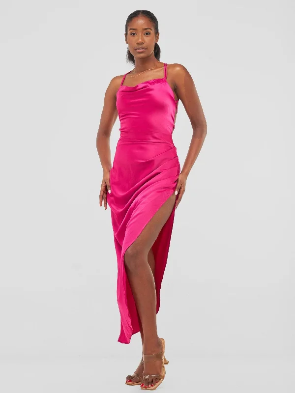 Lola Backless Strappy Satin Dress  With High Side Slit - Hot Pink