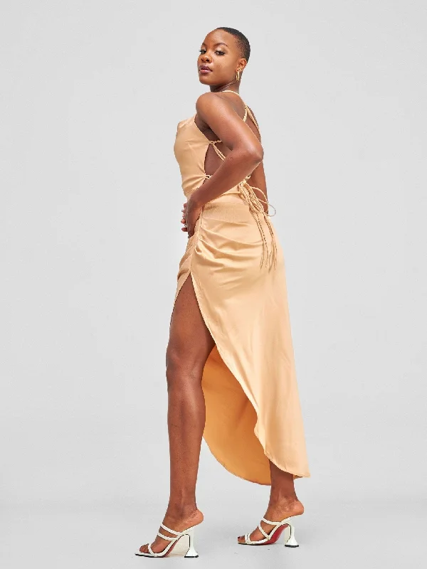 Lola Backless Strappy Satin Dress  With High Side Slit - Tan