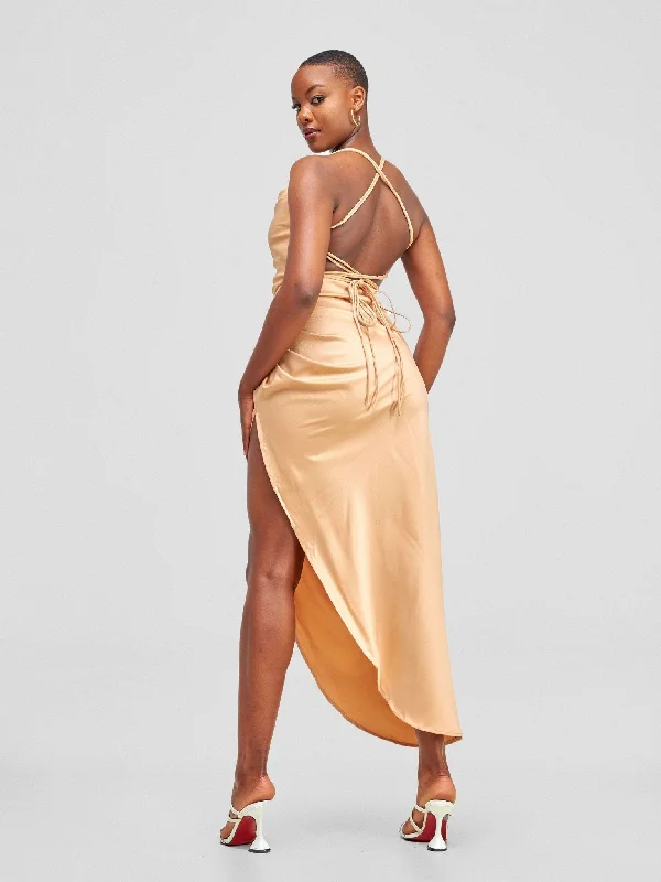 Lola Backless Strappy Satin Dress  With High Side Slit - Tan