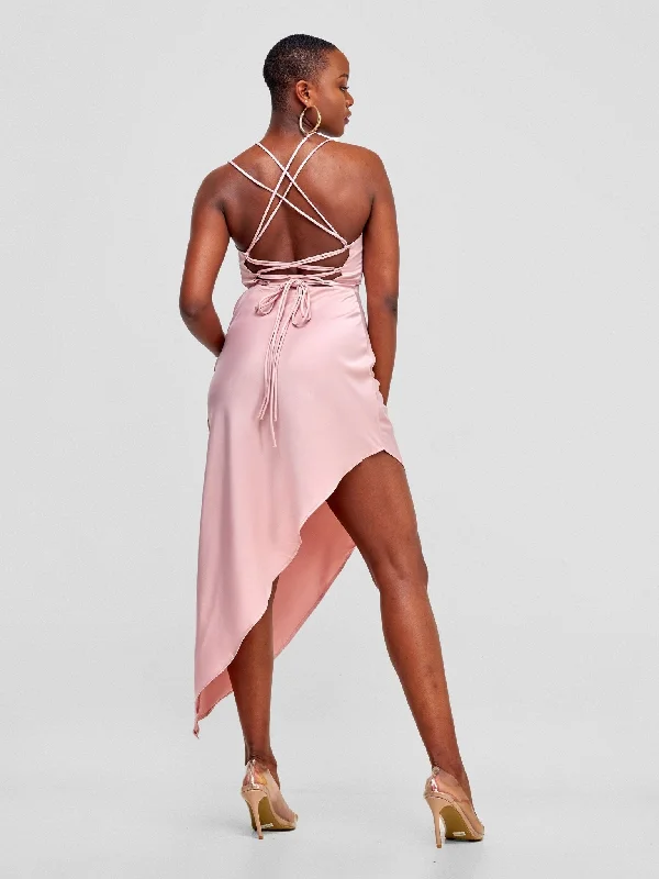 Lola Long Strappy Satin Dress with Pleated Bust - Light Pink