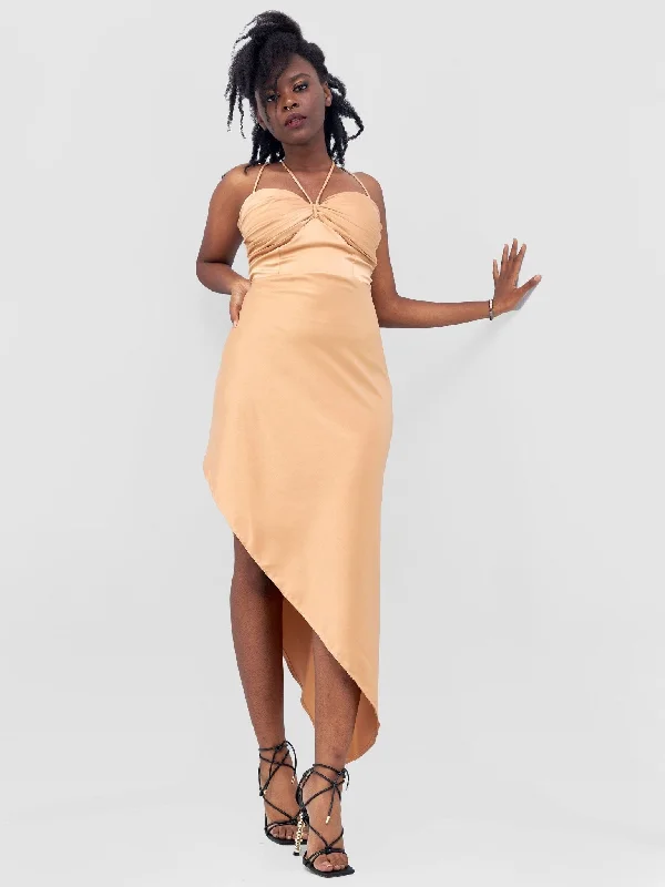 Lola Long Strappy Satin Dress with Pleated Bust - Tan