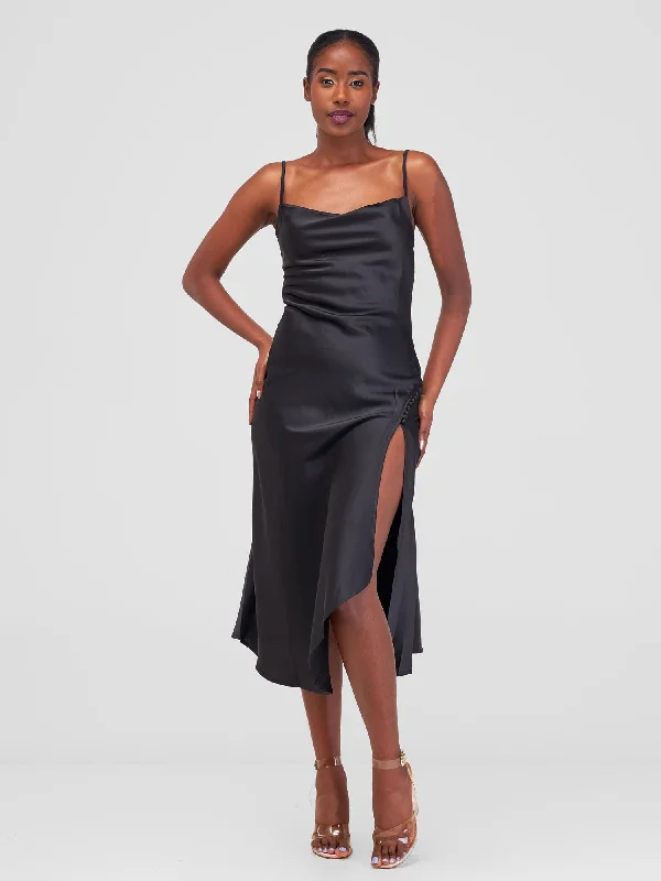 Lola Satin Slip Dress With Side Buttons - Black