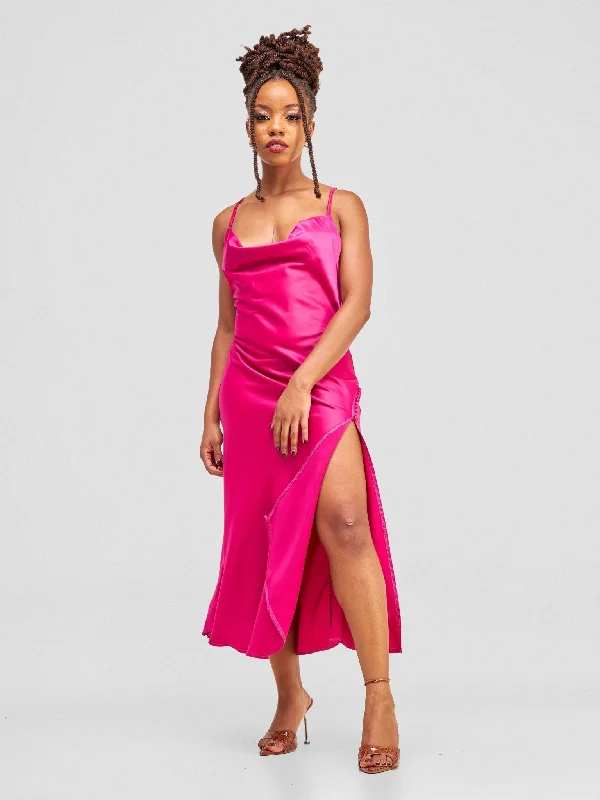 Lola Satin Slip Dress With Side Buttons - Hot Pink