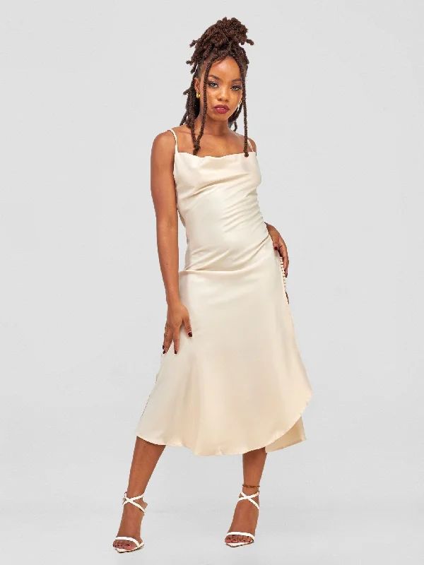 Lola Satin Slip Dress With Side Buttons - Light Brown