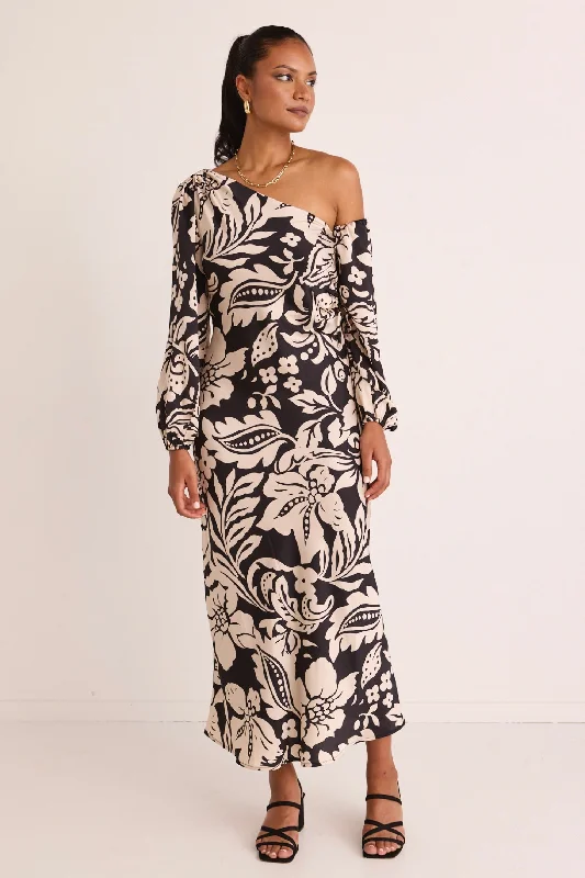 Mythical Black Baroque One Shoulder LS Midi Dress