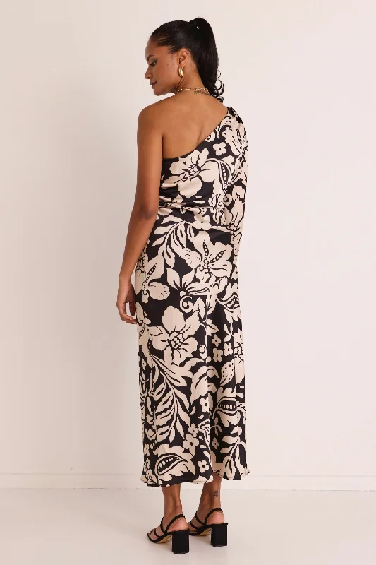 Mythical Black Baroque One Shoulder LS Midi Dress