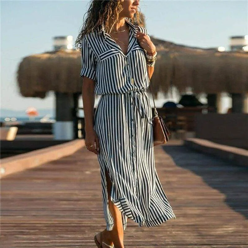 FashionSierra - New Spring Women's arrival Stripe T-Shirt High waist Casual Beach style Loose Shirt Long Dress