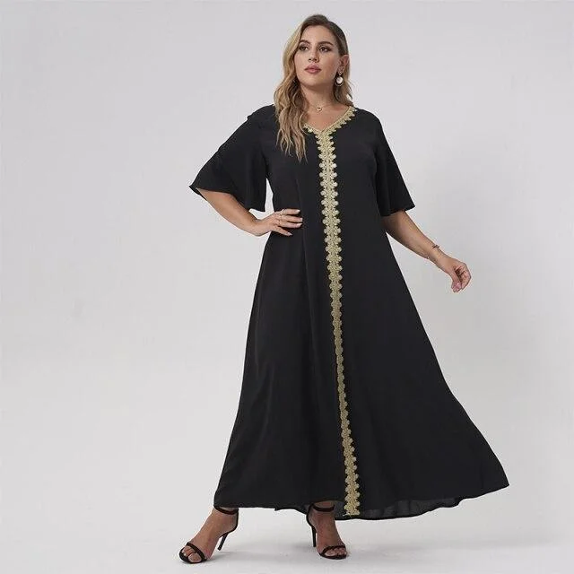 FashionSierra - Maxi Dress Women Plus Size Black Loose Embroidery Selvedge Hemmed V-neck Ruffle Half Sleeve Elegant Vintage Robe