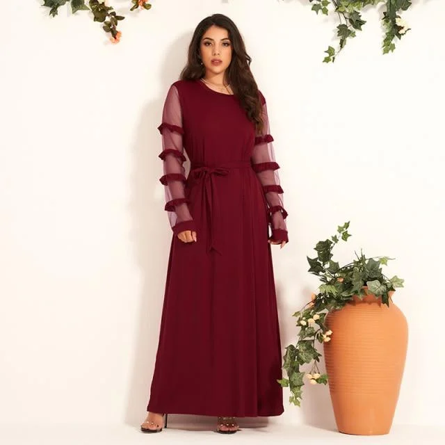 FashionSierra - New Summer Women Party Dress Elegant Burgundy Long Dress Sexy Mesh Ruffle Long Sleeve Belted Maxi Dresses Retro Vestido