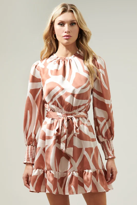 Peachy Keen Abstract Sevilla Satin Ruffle Dress