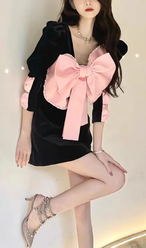 PINK BOW PUFF SLEEVE MINI DRESS